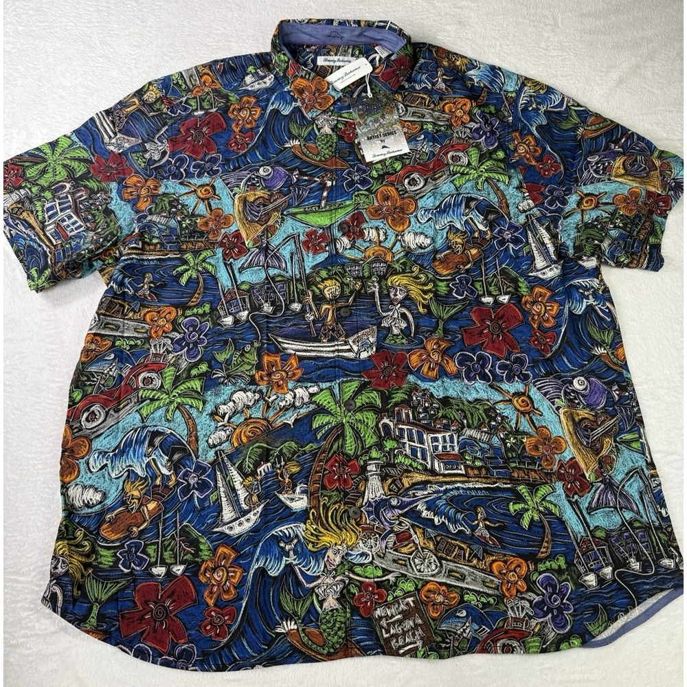 Tommy‎ Bahama Shirt ARTIST SERIES Mens 3XL 100% Silk Camp Hawaiian Surf $175